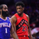 Toronto Raptors forward Thaddeus Young (21) looks to Philadelphia 76ers guard James Harden (1) in the second quarter at Wells Fargo Center